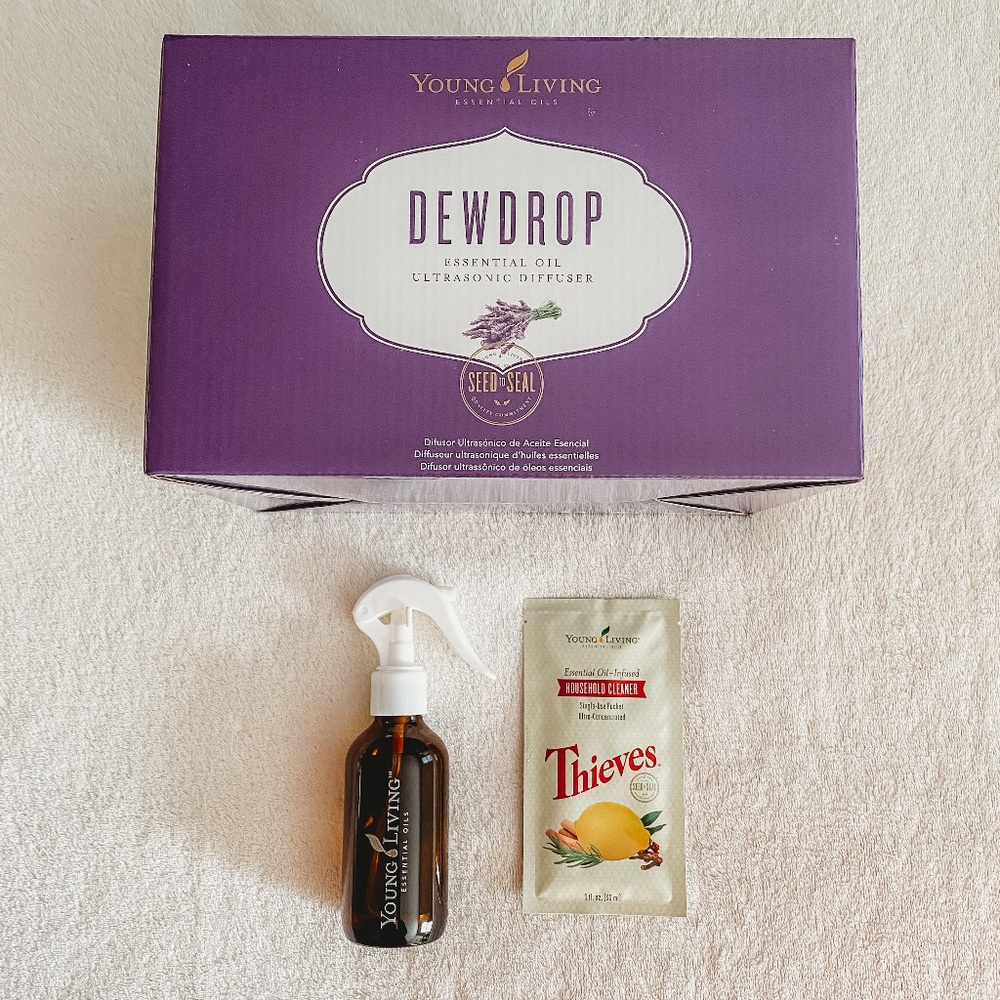 NEW Young Living Spring Lot Dewdrop Diffuser + Thieves Household Cleaner